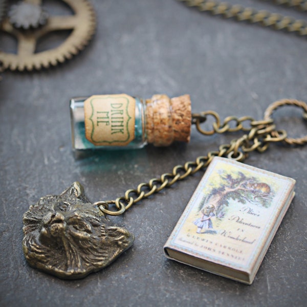 Alice In Wonderland Book Charm Necklace Drink Me Tiny Bottle Cheshire Cat Miniature Novel Literary Lewis Carroll