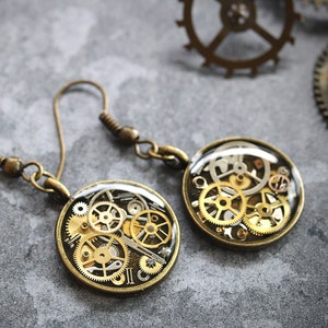 Steampunk Dangle Earrings Clockwork Jewelry Watch Part Costume Tiny Cogs Gears Cyberpunk Clock UK Eco Friendly Resin