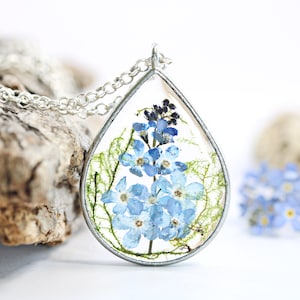 Forget Me Not Teardrop Necklace Dried Flower Herbarium Moss Botanical Resin Fairy Garden Gift Forest Terrarium