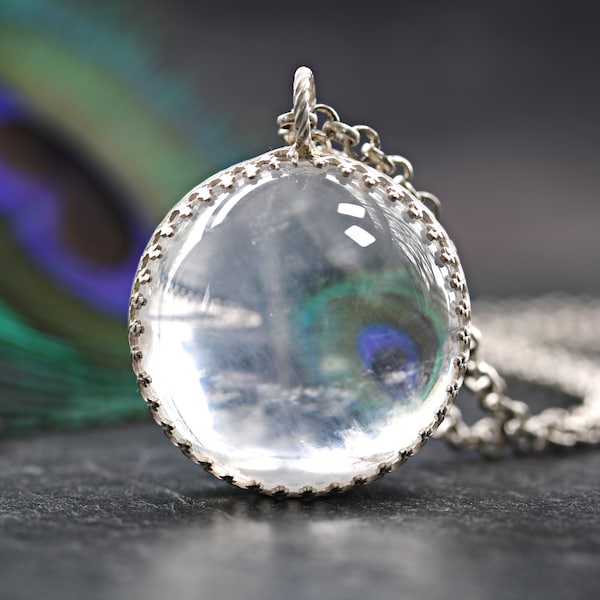 Collier arc-en-ciel avec boule de cristal lumineuse en argent sterling, roche, quartz nuageux, pendentif boule de glace, sphère lunaire nordique, wicca