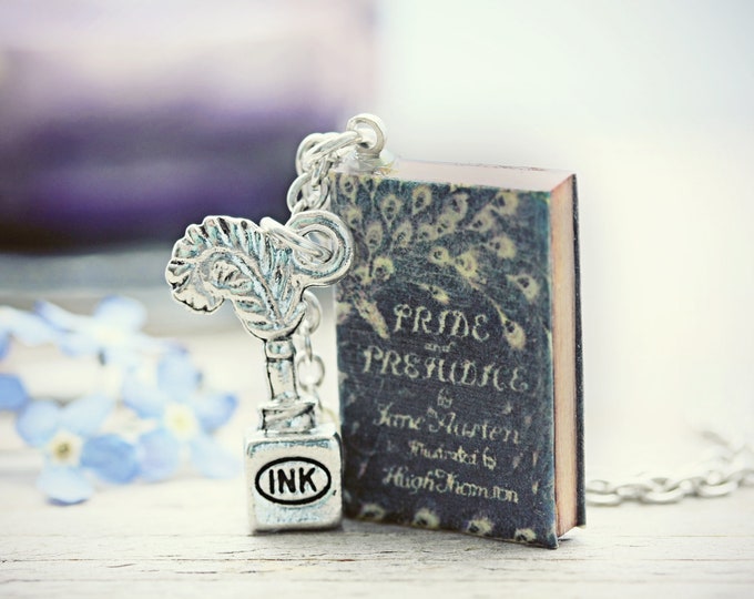 Pride and Prejudice Mini Book Necklace Literature Lover Jewelry Writer Gift Classic Novel Pendant Bookworm Reader Jane Austen Darcy Ink Pot