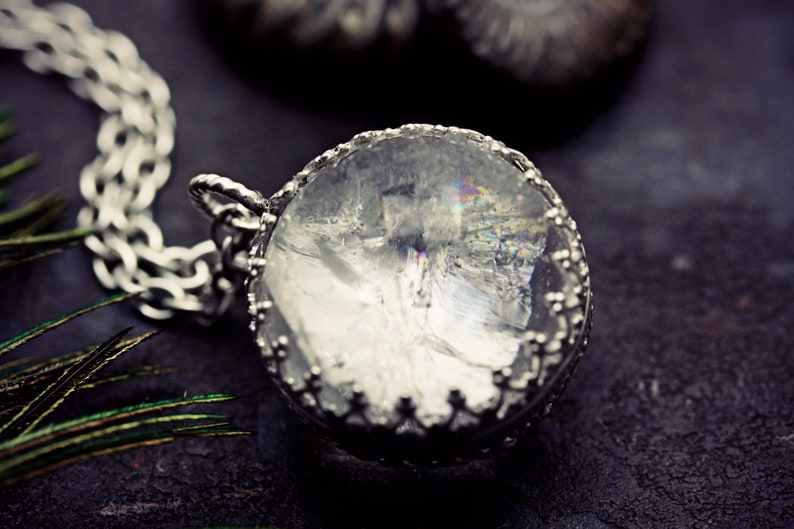 Pool Of Light Crystal Ball Rainbow Necklace Sterling Silver Rock Cloudy Quartz Ice Orb Pendant Norse Moon Sphere Wicca image 6