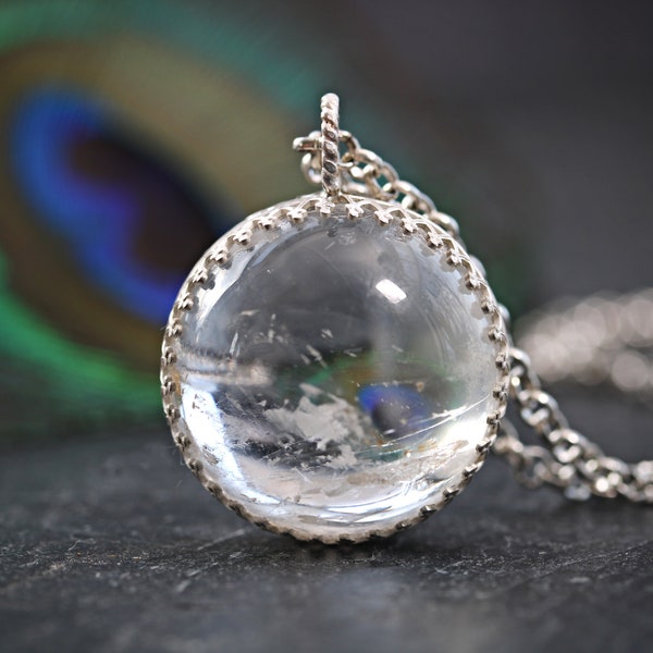 Collier arc-en-ciel avec boule de cristal lumineuse en argent sterling, roche, quartz nuageux, pendentif boule de glace, sphère lunaire nordique, wicca