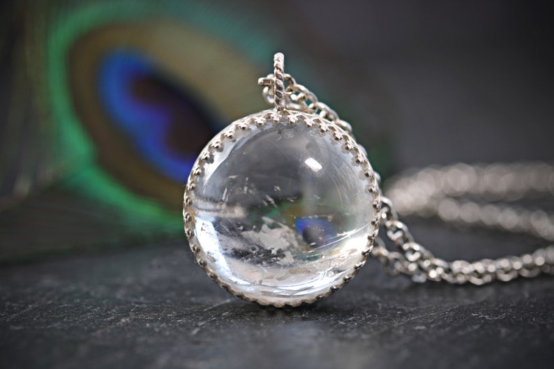 Pool Of Light Crystal Ball Rainbow Necklace Sterling Silver Rock Cloudy Quartz Ice Orb Pendant Norse Moon Sphere Wicca image 1