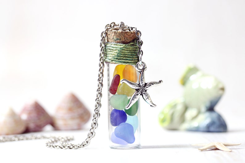 Rainbow Seaglass Necklace Starfish UV Sea Glass Jewelry Pride Gift Seaham Tiny Test Tube Beach Yoga Chakra Healing Surfer Summer 