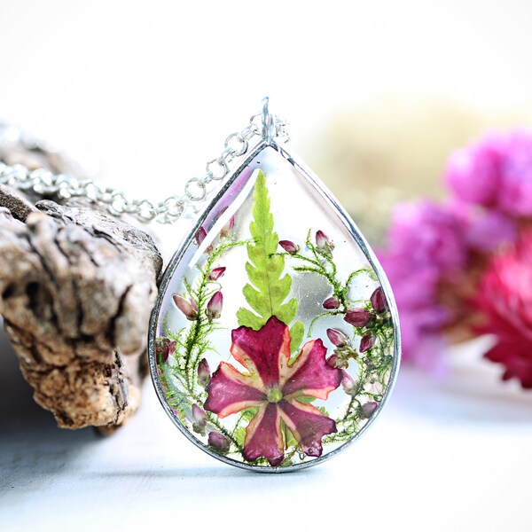 Petunia Flower Necklace Moss Pink Heather Fern Herbarium Fairy Terrarium Botanical Gift For A Gardener Friend