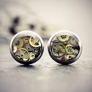 Watch Part Earrings Eco Friendly Upcycled Cosplay Steampunk Studs Clockwork Jewelry Tiny Cogs Gears Cyberpunk
