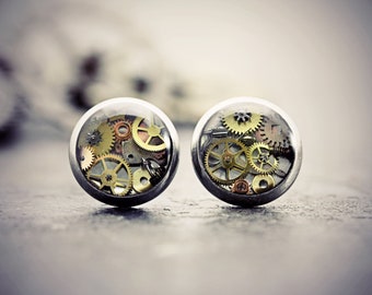 Watch Part Earrings Eco Friendly Upcycled Cosplay Steampunk Studs Clockwork Jewelry Tiny Cogs Gears Cyberpunk