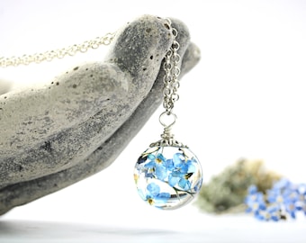 Forget Me Not Necklace Wild Dried Flowers Botanical Herbarium Orb Gift For Her Gardener Mum