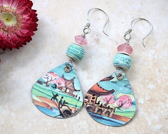 Cherry Blossom Upcycled Tin Earrings Hand Made Pottery Beads