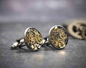 Watch Part Cufflinks Steampunk Cyberpunk Upcycled Clock Cogs Eco Friendly Wedding Gift For Him Men