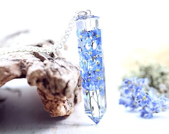 Forget Me Not Necklace Crystal Quartz Point Jewelry Botanical Blue Wild Flower Pendant Spring Gardening Gift For Her Eco Friendly Resin