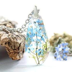 Forget Me Not Necklace Botanical Jewelry Herbarium Crystal Spring Blue Flower Moss Fairy Garden Gift Forest Woodland Terrarium