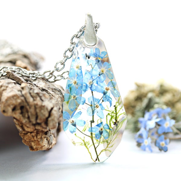 Forget Me Not Necklace Botanical Jewelry Herbarium Crystal Spring Blue Flower Moss Fairy Garden Gift Forest Woodland Terrarium