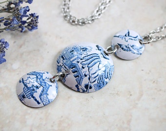 Willow Pattern Upcycled Tin Necklace Blue Love Birds Simple Lightweight Cobalt Blue 10th Wedding Anniversary Gift