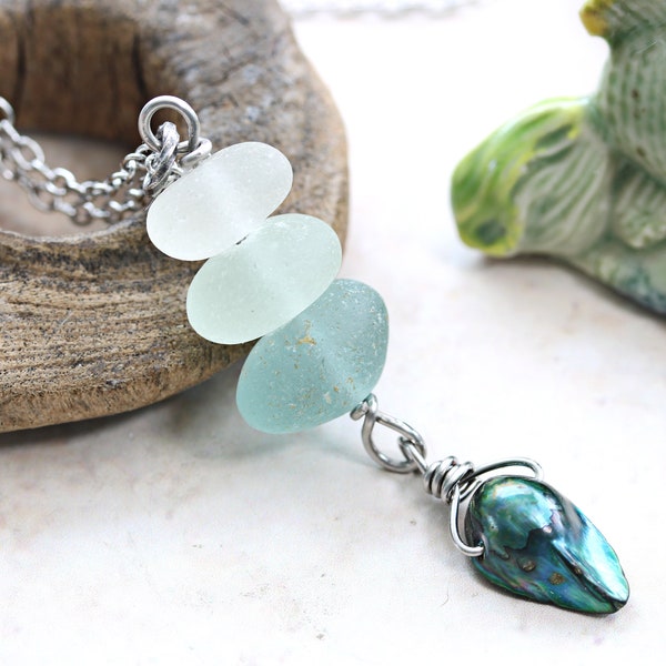 Mermaid Sea Glass Stack Pendant Aqua Turquoise Baroque Pearl Gift For Her A Surfer Beachcomber Seaham Beach