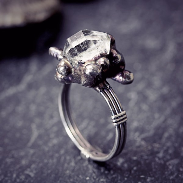 Herkimer Diamond Ring Sterling Silver Organic Raw Quartz Rustic Primitive Jewellery Engagement Size N 6.5