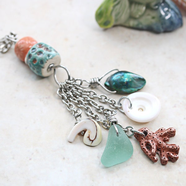 Beachcombing Treasures Necklace Seaglass Pottery Baroque Pearl Coral Puka Shell Rustic Talisman