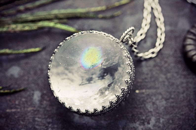 Pool Of Light Crystal Ball Rainbow Necklace Sterling Silver Rock Cloudy Quartz Ice Orb Pendant Norse Moon Sphere Wicca image 5