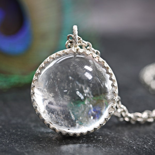 Pool Of Light Crystal Ball Rainbow Necklace Sterling Silver Rock Cloudy Quartz Ice Orb Pendant Norse Moon Sphere Wicca