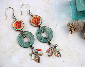 Longevity Symbol Talisman Earrings Cloisonné Enamel Shòu  And Antique Glass Clock Parts Mother Of Pearl Rustic Upcycled