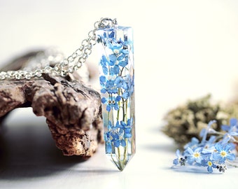 Forget Me Not Necklace Crystal Quartz Point Jewelry Botanical Blue Wild Flower Pendant Spring Gardening Gift For Her Eco Friendly Resin