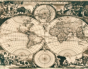 Antique world maps, Old world map. Tea toned cyanotype