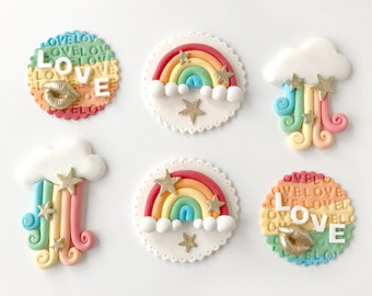 Rainbow Love and clouds Cupcake Toppers|Party favors|Part treats| Fondant decorations