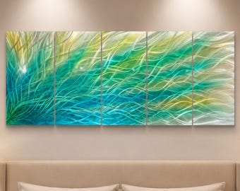 Teal Green Abstract Metal Wall Art, Hand-Textured 5-Panel Aluminum Sculpture