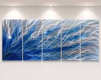 Large Blue Metal Wall Art, Hand-Textured Silver Aluminum Wave Sculpture