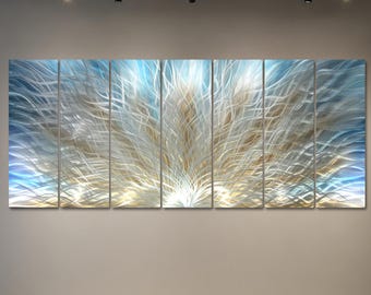 Extra Large Metal Wall Art, Oversized Abstract Aluminum Wall Sculpture, Silver Blue Gold Modern Indoor or Exterior Wall Decor
