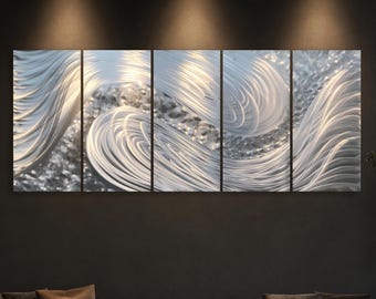 Large Silver Metal Wall Art, Hand-Textured Aluminum Wall Sculpture, Modern Abstract Decor