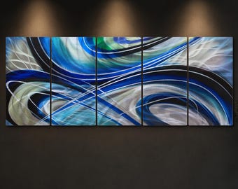 Oversized Blue Silver Metal Wall Sculpture, Hand-Textured Aluminum Art for Luxury Interiors