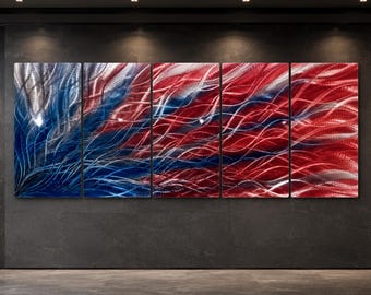 Extra Large Red Blue Metal Wall Art, Custom Up to 105 Inch Hand-Textured Aluminum Sculpture for Indoor Outdoor Decor