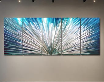 Large Blue Metal Wall Art, Hand-Ground Silver Wave Aluminum Sculpture, Modern Abstract Panel Set