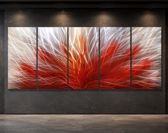 Large Red and Silver Aluminum Wall Art, Hand-Textured Metal Sculpture, Abstract Modern Wall Decor