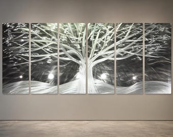 Large Gray Tree Metal Wall Art, Brushed Aluminum Surface, Modern Wall Decor Piece