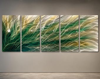 Green Metal Wall Art, Large Abstract Wave Aluminum Sculpture, Hand-Textured Modern Wall Decor