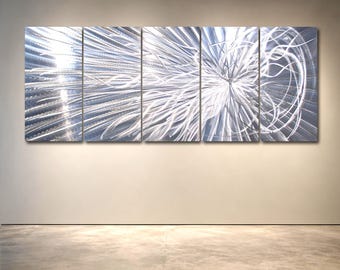 Large Silver Wave Metal Wall Sculpture, Reflective 3D Hand-Textured Aluminum Art for Modern Interiors