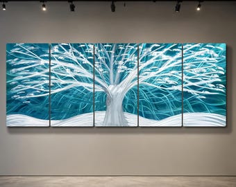 Turquoise Metal Wall Art, Large Hand-Textured Aluminum Tree Sculpture, Teal Silver 5-Panel Modern Decor