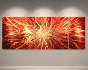 Large Abstract Metal Wall Art, Red Gold Radiating Design, Modern Art for Living Room