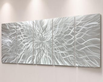Large Abstract Silver Metal Wall Art, Hand-Textured Aluminum Sculpture, Contemporary Modern Living Room Decor