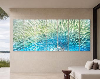 Large Abstract Metal Wall Art, Teal Blue Aluminum Wall Sculpture, Aqua Silver Modern Wall Decor