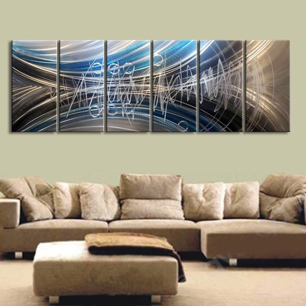 Large Silver and Blue Abstract Metal Wall Art, Modern Reflective Hand-Ground Aluminum