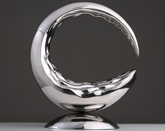 Modern Abstract Stainless Steel Sculpture, Mirror-Polished Crescent Form
