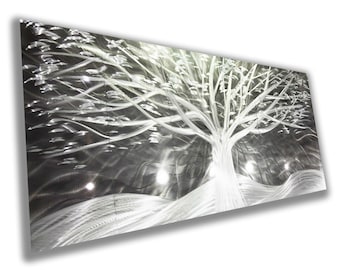 Large Gray Tree Metal Wall Art, Brushed Aluminum Surface, Modern Wall Decor Piece