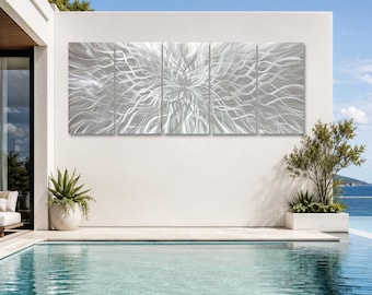 Large Abstract Silver Metal Wall Art, Hand-Textured Aluminum Sculpture, Contemporary Modern Living Room Decor