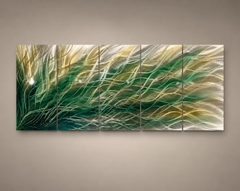 Green Wave Metal Wall Sculpture, Large Abstract Aluminum Art, Modern Tropical Wall Decor