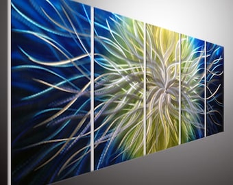 May include: Abstract metal wall art with a swirling design in shades of blue, green, and silver. The art is made up of six panels.