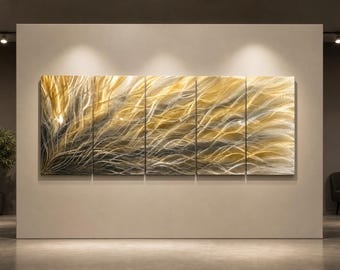 Gold Silver Metal Wall Art, 5 Panel Abstract Metal Wall Sculpture, Large Modern Wall Decor, Textured Contemporary Artwork for Living Room